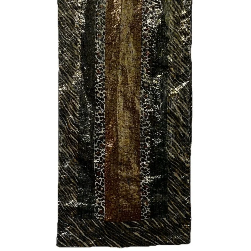 VTG 90s Amanda Smith Metallic Animal Print Scarf Gold Fringe Tuxedo